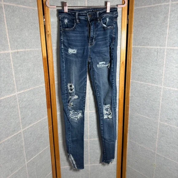 American Eagle Outfitters Womens High Waisted Skinny Jeans Blue Distressed Sz 2 - Picture 1 of 10